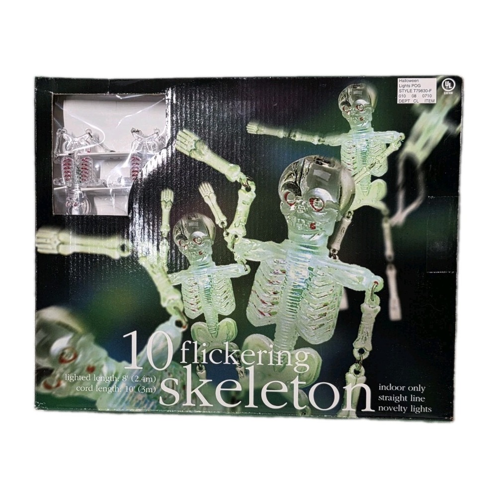 Halloween Skeleton 10 Flickering String Lights Vintage Indoor Use Only NEW